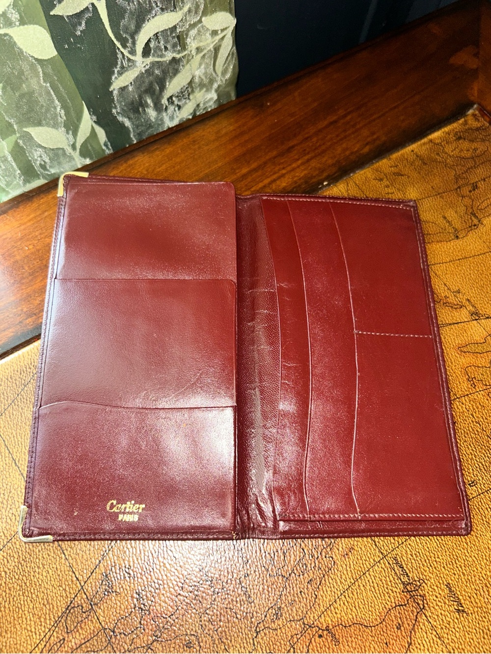 Vintage Cartier Bordeaux Burgundy Leather Long Wallet with Gold Corners -EUC- - Picture 8 of 16